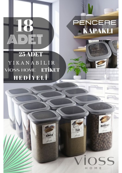 18 Adet Bella Büyük Boy Erzak Saklama Kabı Seti Etiketli Antrasit - 1200 ml Süper Set