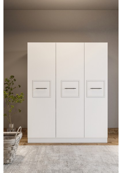 Mobilya Zarif 3 Kapaklı 8 Bölmeli Beyaz Şeritli Beyaz Yüklük-Dolap