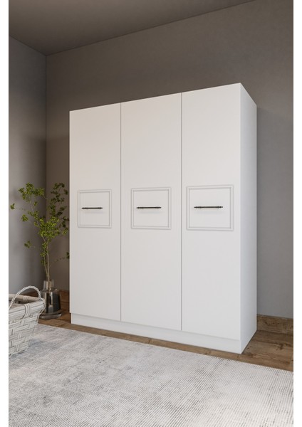 Mobilya Zarif 3 Kapaklı 8 Bölmeli Beyaz Şeritli Beyaz Yüklük-Dolap fiyatları