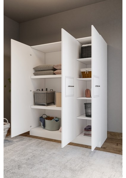 Mobilya Zarif 3 Kapaklı 8 Bölmeli Beyaz Şeritli Beyaz Yüklük-Dolap modelleri