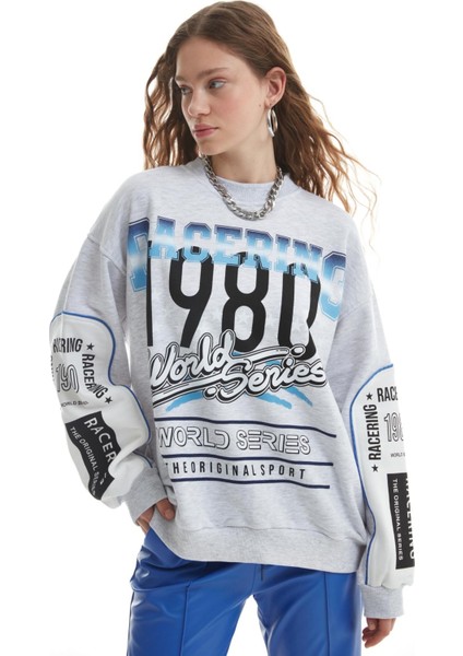 Baskılı Bisiklet Yaka Sweatshirt Gri