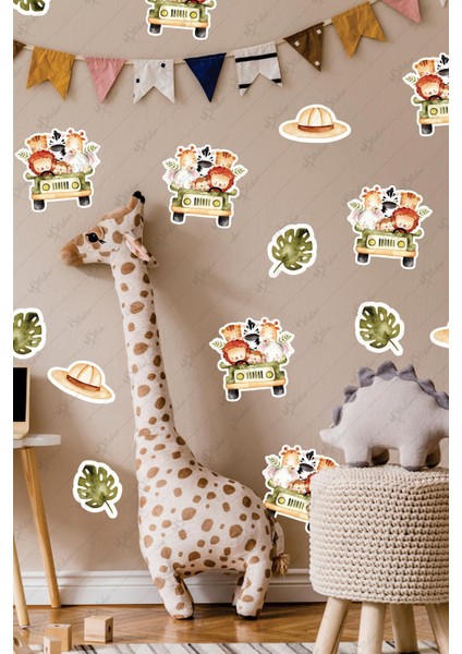 Safari Hayvanları ve Yapraklar Çocuk Bebek Odası Duvar Cam Sticker Seti