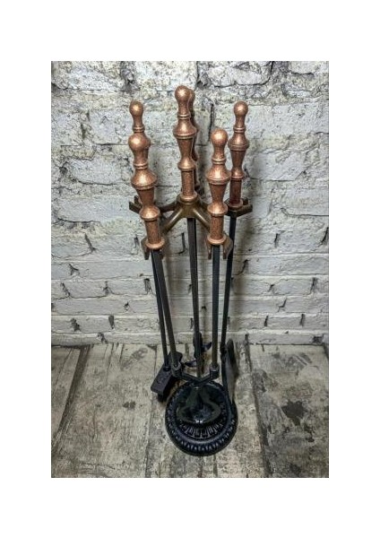 Antik Bakır Marpuç Başlıklı Şömine Maşa Takımı