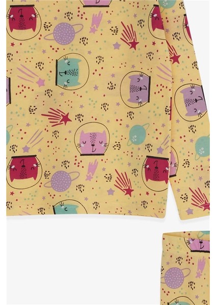 Kız Çocuk Pijama Takımı Astronot Kedicik Desenli Sarı Soft (3-7 Yaş)