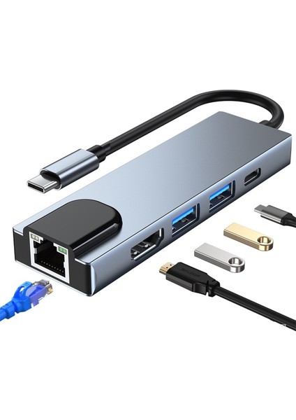 Apple Macbook 13.3' Air 2020 A2337 5 Port USB Hub 3.0 Type C To Ethernet Adaptör Çoklayıcı Çoğaltıcı