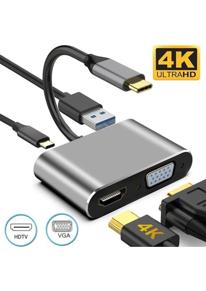 Apple Macbook 13.6' Air 2022 M2 Hub Type-C & 4K Hdtv VGA USB 3.0 Pd 4 In 1 Adaptör Çoklayıcı