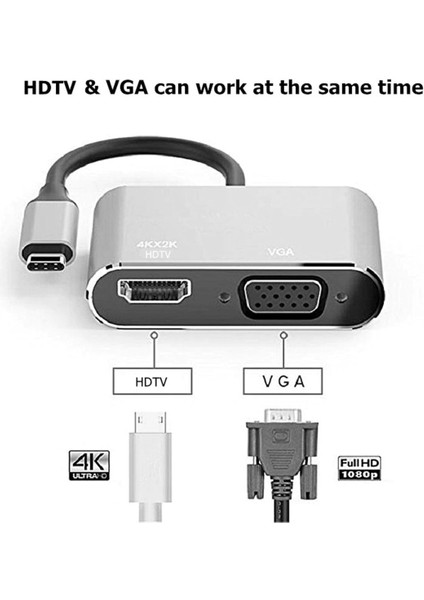 Apple Macbook 13.6' Air 2022 M2 Hub Type-C & 4K Hdtv VGA USB 3.0 Pd 4 In 1 Adaptör Çoklayıcı