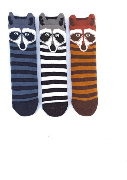 Mem Socks 3'lü Rakkun Desenli Kaydırmaz Havlu Çocuk Çorabı