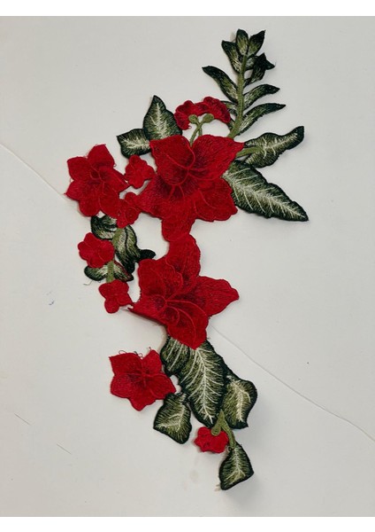 38X19 cm Nakış Işleme Kırmızı Gül Güpür Yama Aplik