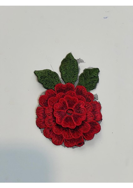 6x9 cm Kabartma Nakış Işleme Kırmızı Gül Yama Aplik Güpür