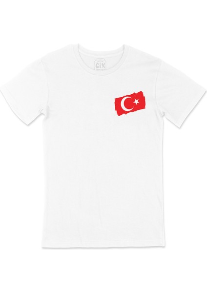 Dikdörtgen Türk Bayraklı Cep Logo Tasarımlı Beyaz Tişört