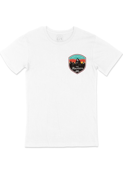 No Place Like Mountains Cep Logo Tasarımlı Beyaz Tişört