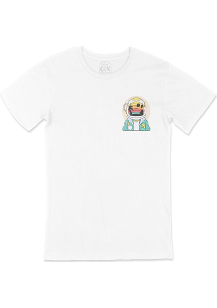 Astronot Uzayda Cep Logo Tasarımlı Beyaz Tişört