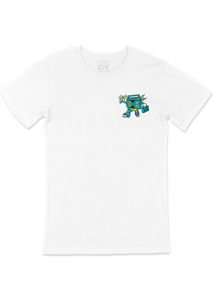 Boom Box Robot Cep Logo Tasarımlı Beyaz Tişört