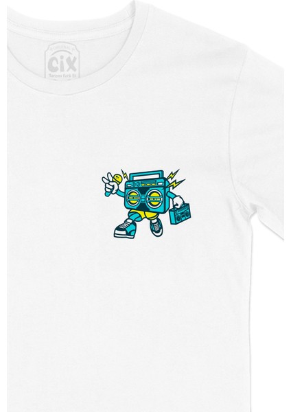 Boom Box Robot Cep Logo Tasarımlı Beyaz Tişört