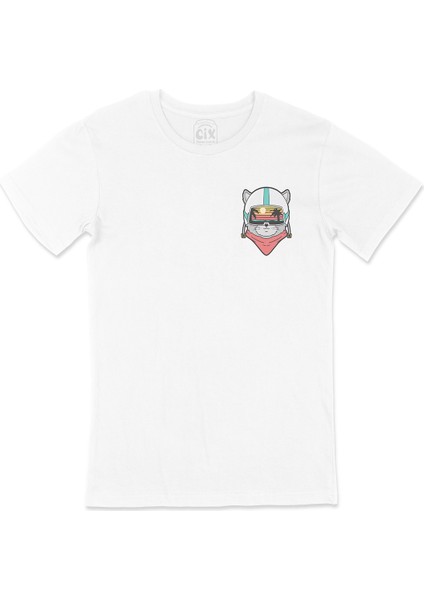 Astronot Kedi Tatilde Cep Logo Tasarımlı Beyaz Tişört