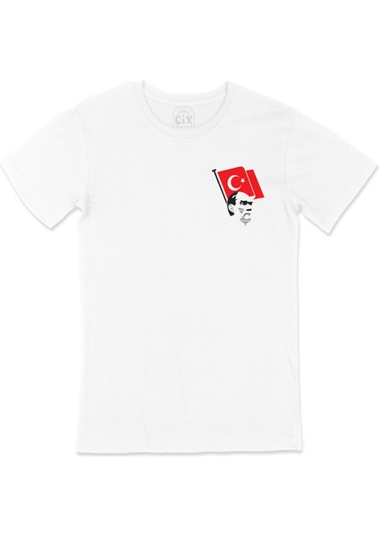 Atatürk ve Türk Bayraklı Cep Logo Tasarımlı Beyaz Tişört