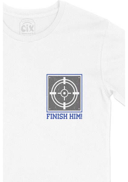 Mavi Finish Him Cep Logo Tasarımlı Beyaz Tişört