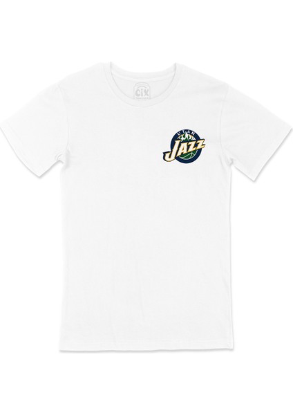 Utah Jazz Logolu Cep Logo Tasarımlı Beyaz Tişört