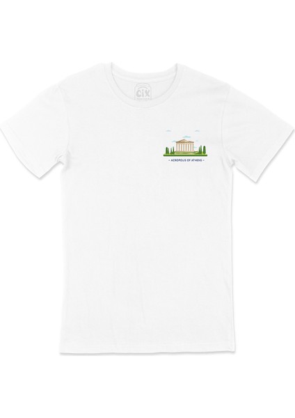 Atina Akropolis Cep Logo Tasarımlı Beyaz Tişört