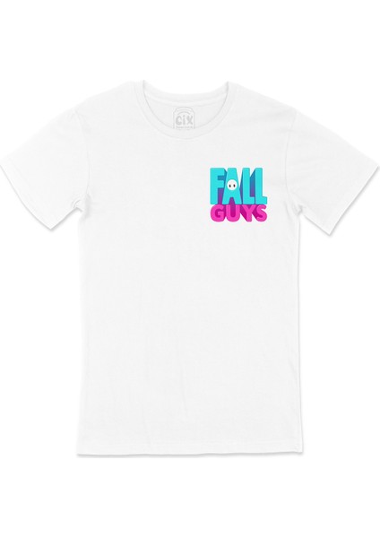 Fall Guys Cep Logo Tasarımlı Beyaz Tişört
