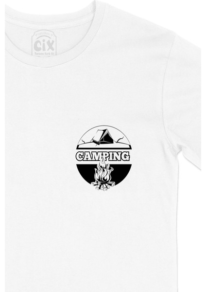 Camping Fire Cep Logo Tasarımlı Beyaz Tişört fiyatları