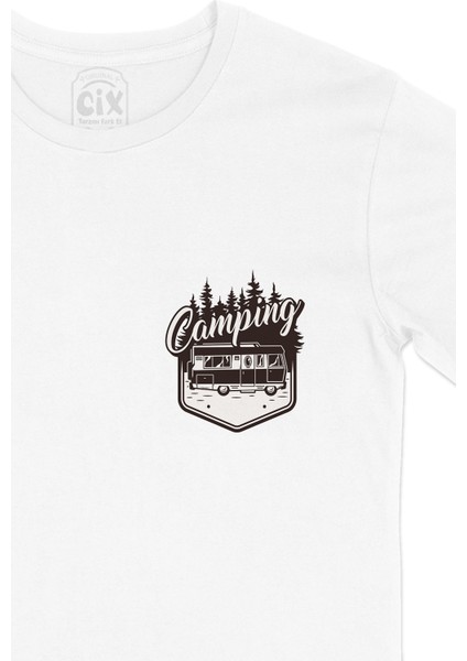 Camping Caravan Cep Logo Tasarımlı Beyaz Tişört fiyatları