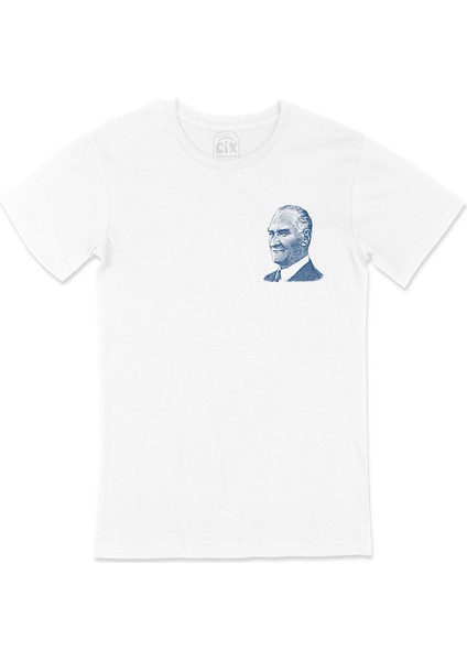 Atatürk Mavi Silüetli Cep Logo Tasarımlı Beyaz Tişört