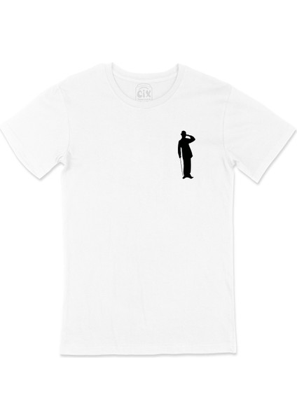 Charlie Chaplin Gölge Cep Logo Tasarımlı Beyaz Tişört