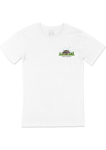 Todaiji Tapınağı Cep Logo Tasarımlı Beyaz Tişört