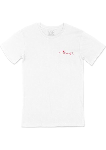 Kırmızı Kalpli Aşk Cep Logo Tasarımlı Beyaz Tişört