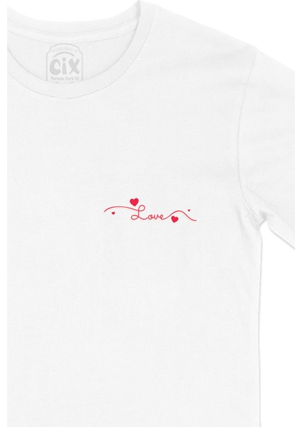 Kırmızı Kalpli Aşk Cep Logo Tasarımlı Beyaz Tişört fiyatları