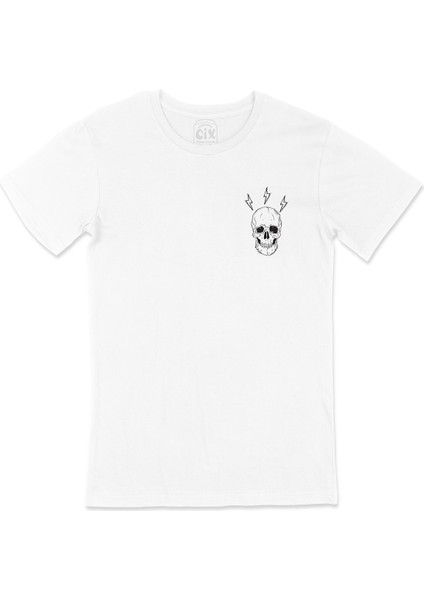 Şimşekli Kuru Kafa Cep Logo Tasarımlı Beyaz Tişört