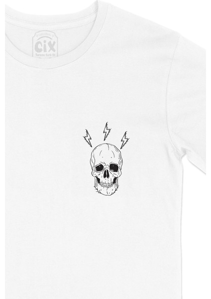 Şimşekli Kuru Kafa Cep Logo Tasarımlı Beyaz Tişört fiyatları