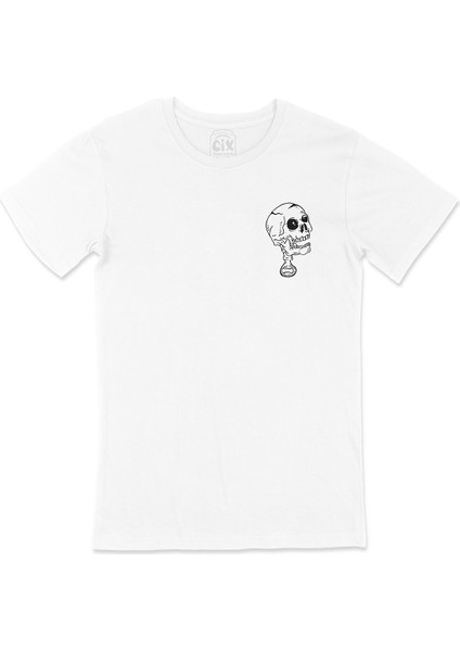 Beyaz Kuru Kafa Cep Logo Tasarımlı Beyaz Tişört