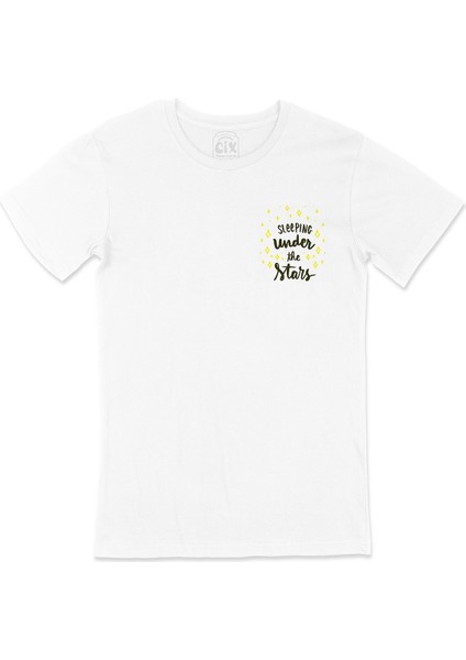 Sleeping Under The Stars Cep Logo Tasarımlı Beyaz Tişört