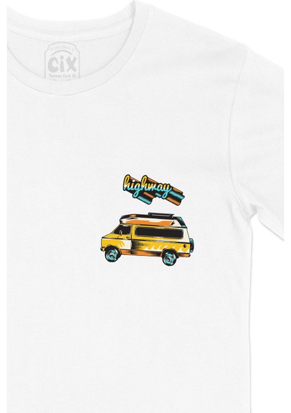 Highway Caravan Cep Logo Tasarımlı Beyaz Tişört