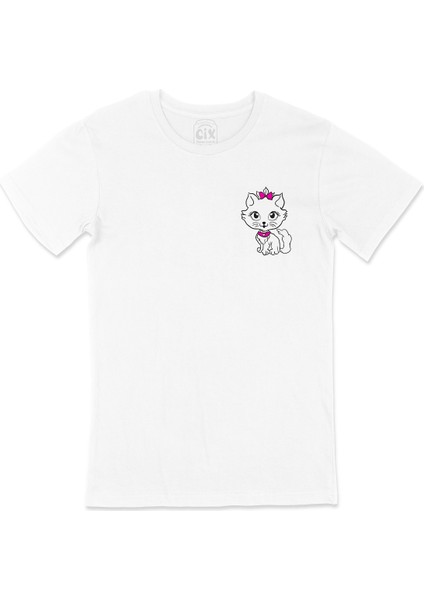 Pembe Tokalı Kedi Cep Logo Tasarımlı Beyaz Tişört