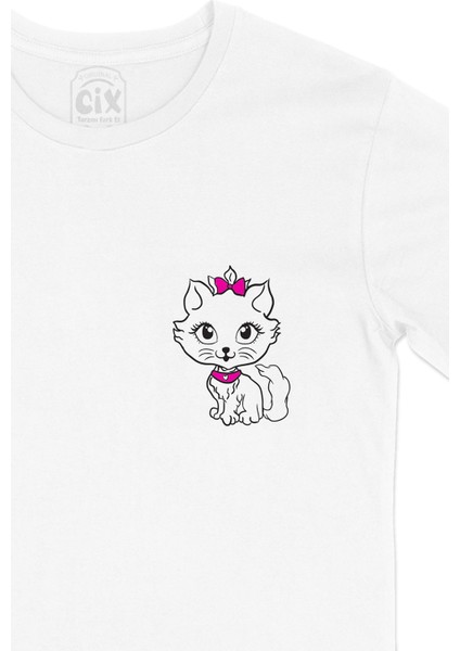 Pembe Tokalı Kedi Cep Logo Tasarımlı Beyaz Tişört fiyatları
