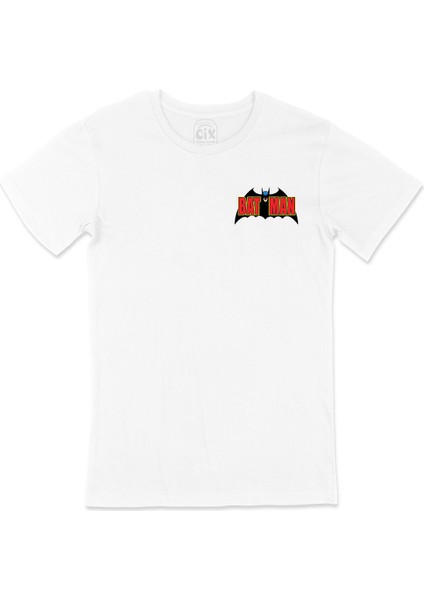 Batman Logolu Cep Logo Tasarımlı Beyaz Tişört