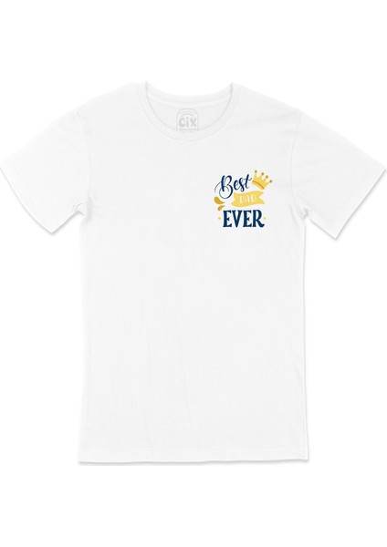 Best Dad Ever Cep Logo Tasarımlı Beyaz Tişört