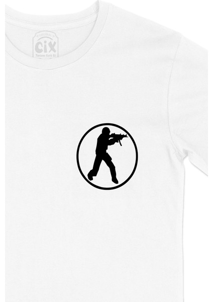 Counter Strike Logolu Cep Logo Tasarımlı Beyaz Tişört fiyatları