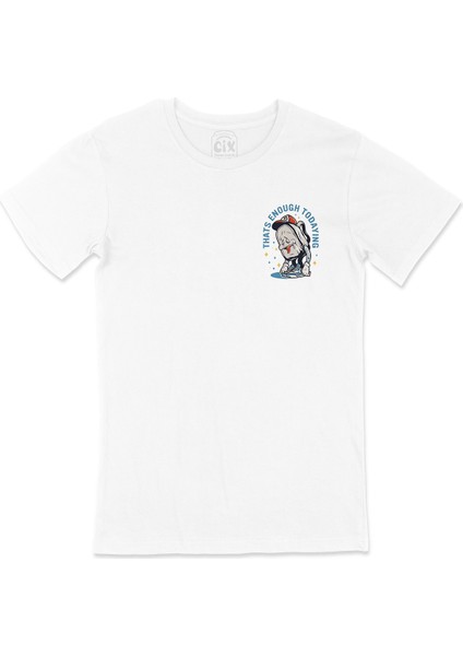 Enough Today Yorgun Cep Logo Tasarımlı Beyaz Tişört