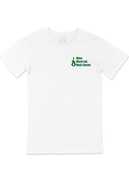 Words Fail Music Speaks Cep Logo Tasarımlı Beyaz Tişört