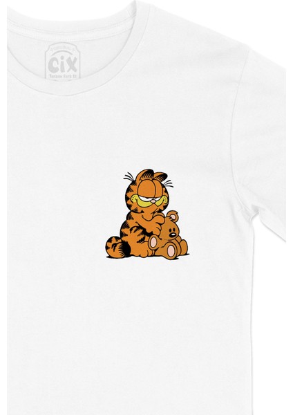 Garfield Ile Sevimli Ayıcık Cep Logo Tasarımlı Beyaz Tişört