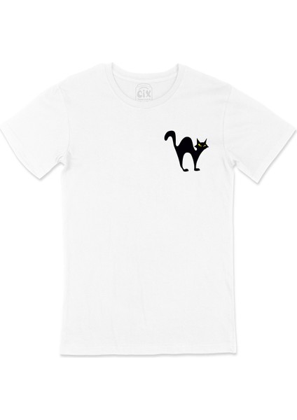 Kara Kedi Cep Logo Tasarımlı Beyaz Tişört