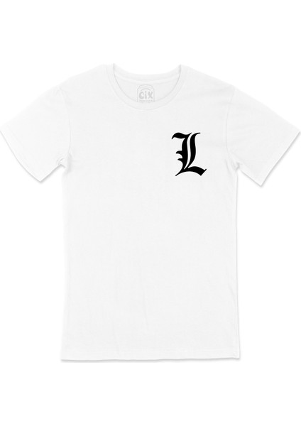 Death Note L Logolu Cep Logo Tasarımlı Beyaz Tişört