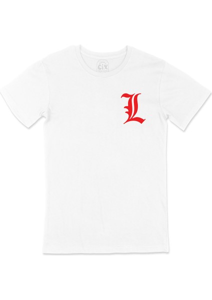 Kırmızı Death Note L Logolu Cep Logo Tasarımlı Beyaz Tişört