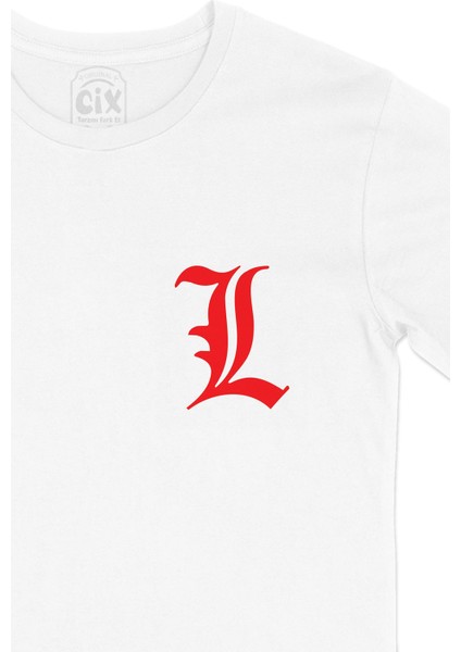 Kırmızı Death Note L Logolu Cep Logo Tasarımlı Beyaz Tişört fiyatları