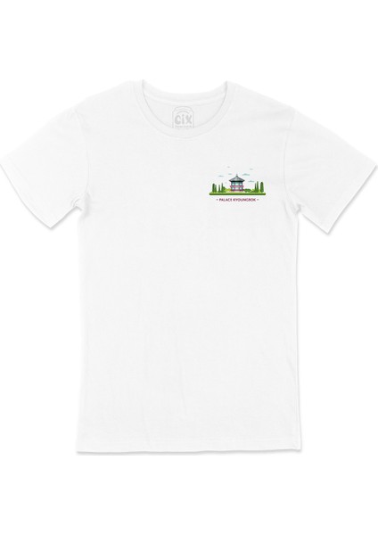 Gyeongbokgung Sarayı Cep Logo Tasarımlı Beyaz Tişört